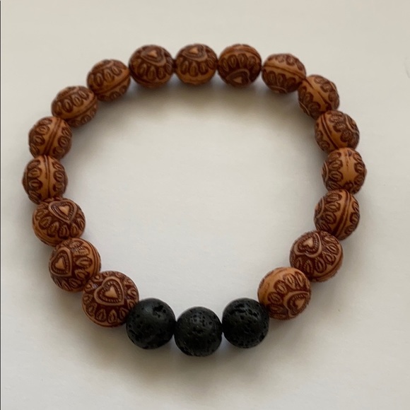 Hand Crafted Jewelry - Heart Wood Bead Lava Rock Bracelet